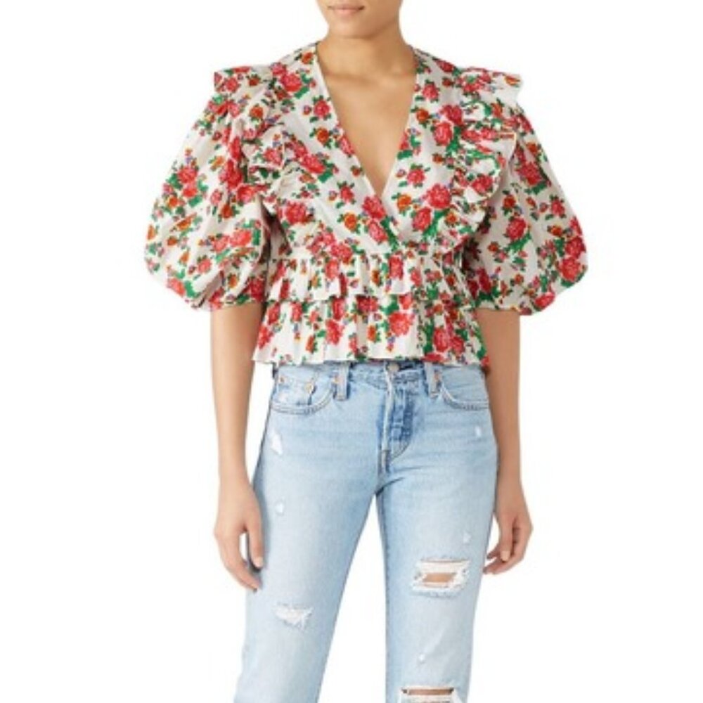 RHODE Floral Ruffle Peplum Wrap Top Size XS